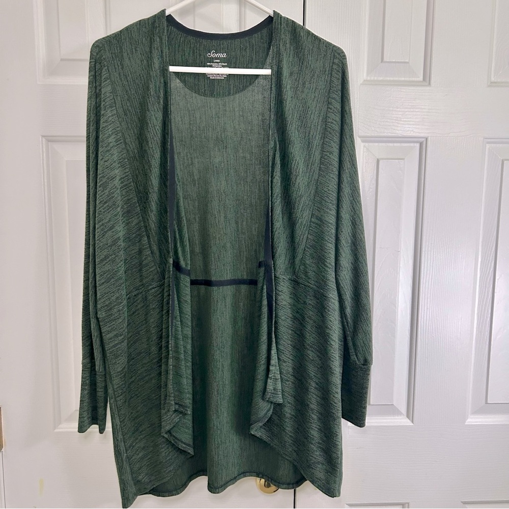 Soma Open Front Drape Long Line Long Sleeve Lightweight Forest Green Cardigan L